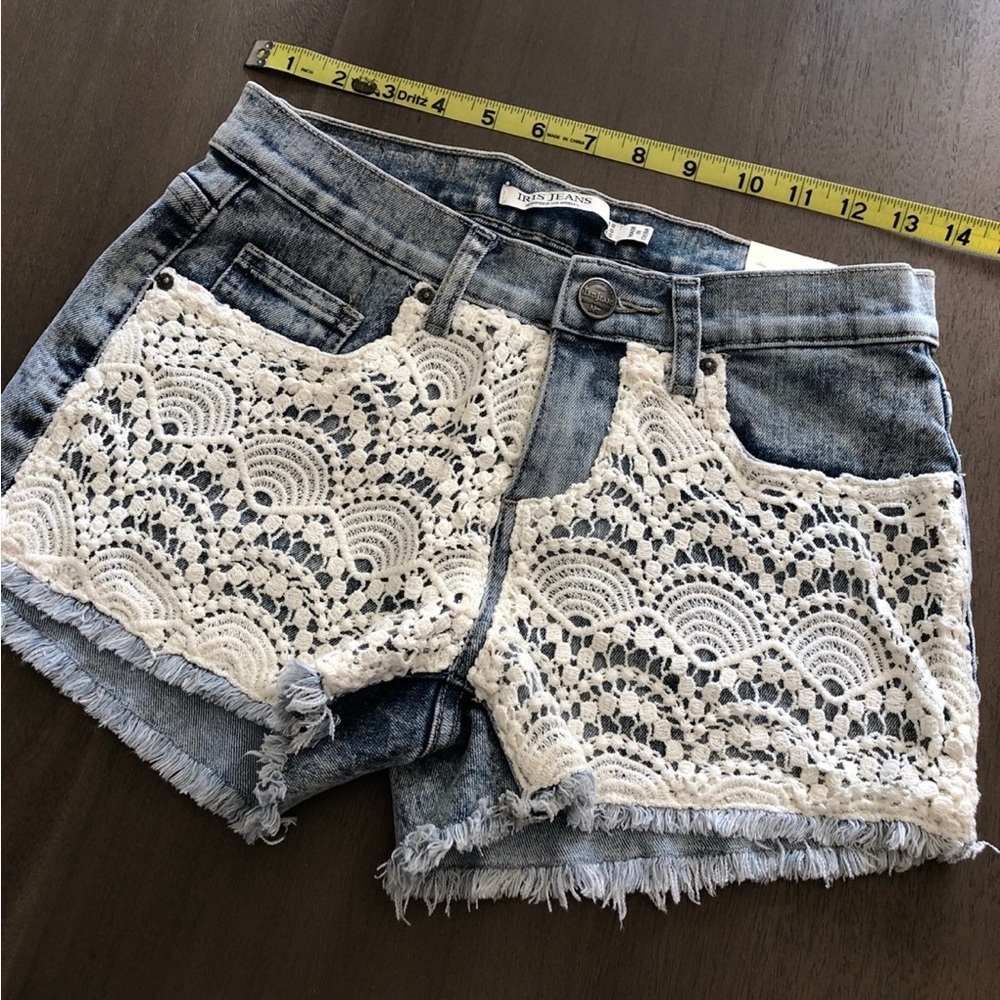 Flying Monkey Blue and Cream Jean Shorts with Lace Overlay